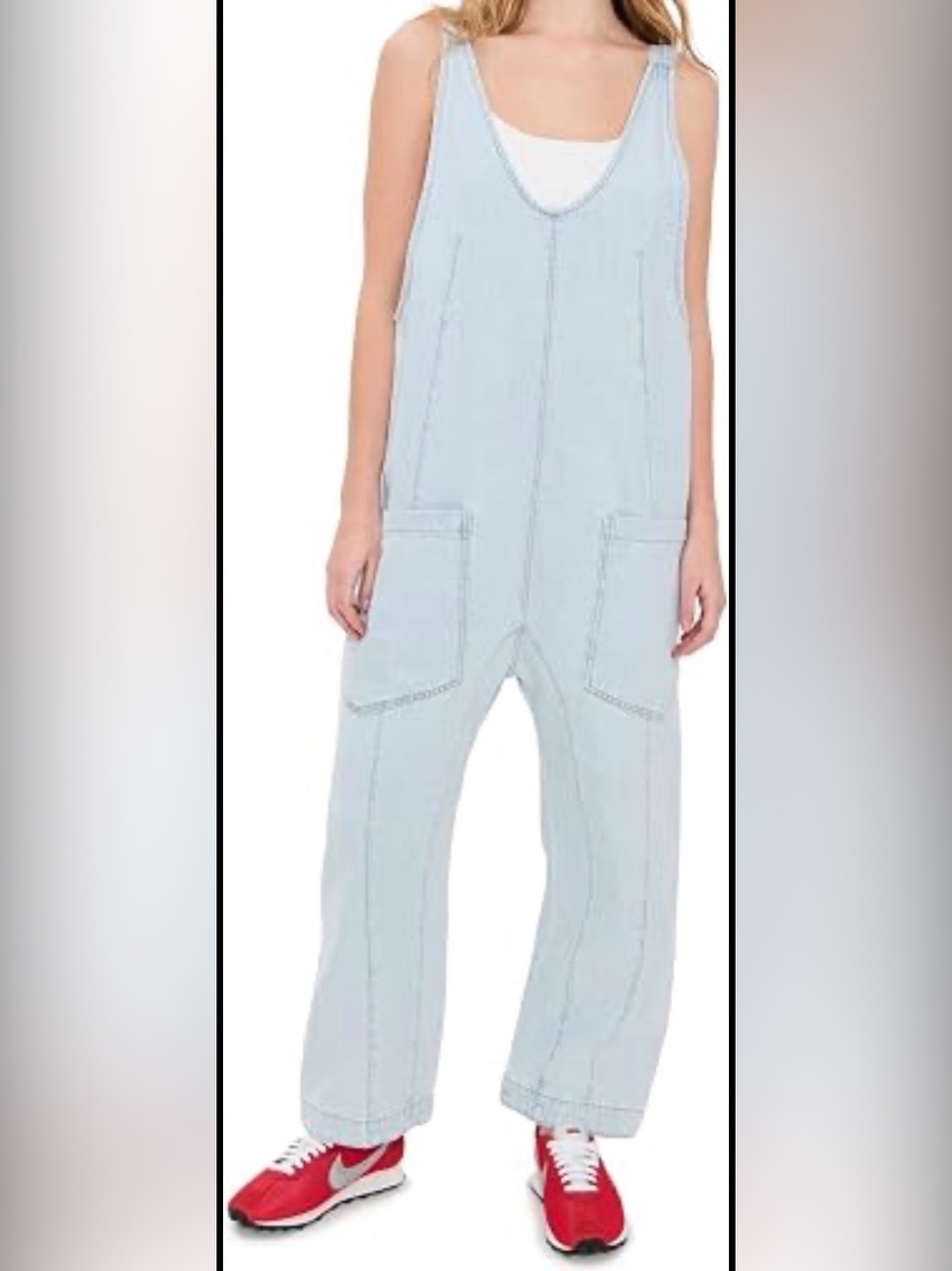 We The Free Light Blue Denim Overalls with Front Patch Pockets